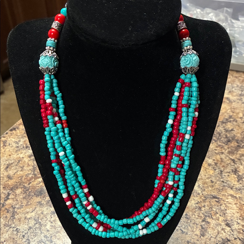 Turquoise And Red Beaded Necklace